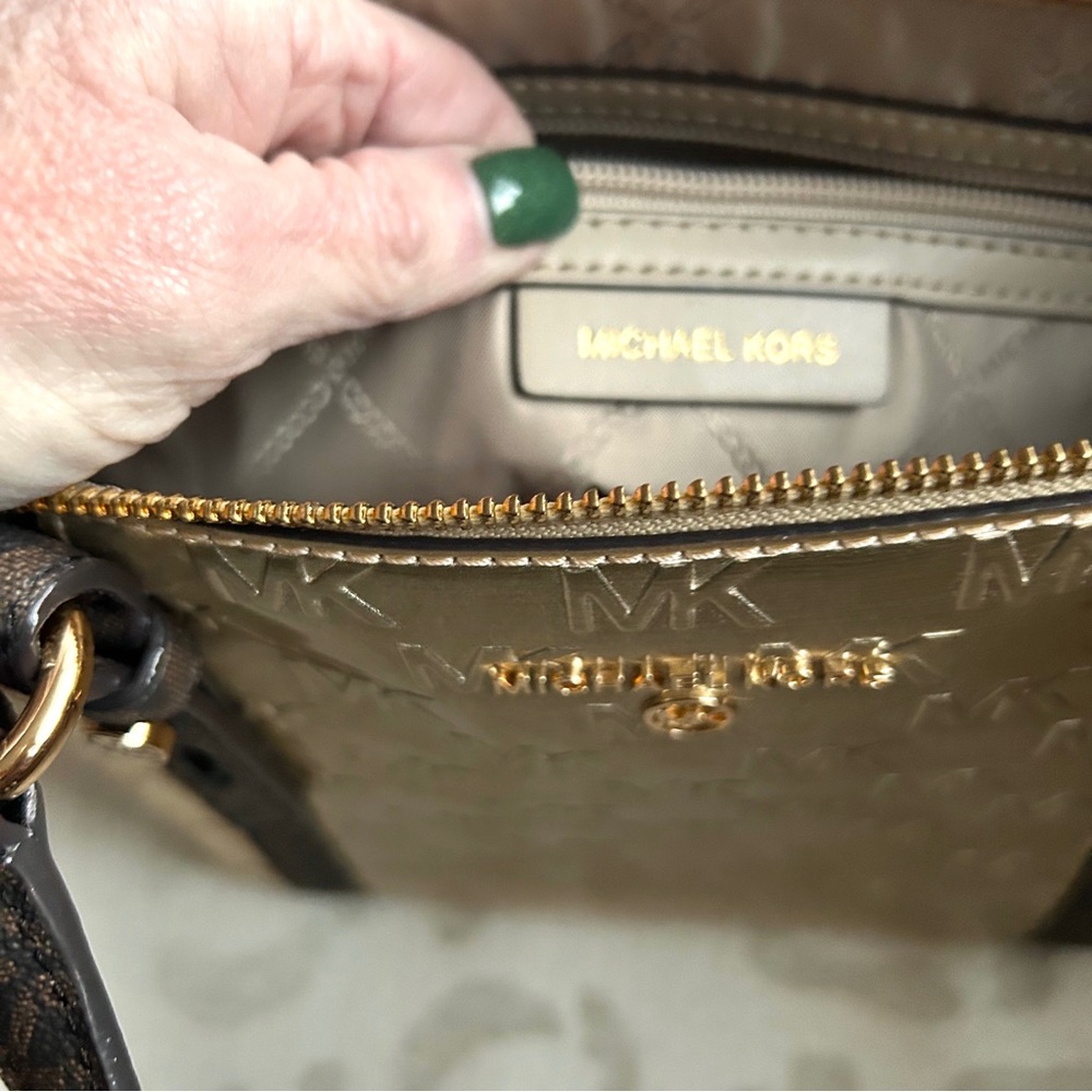 Michael Kors Gold and Brown Logo Satchel - Picture 3 of 8